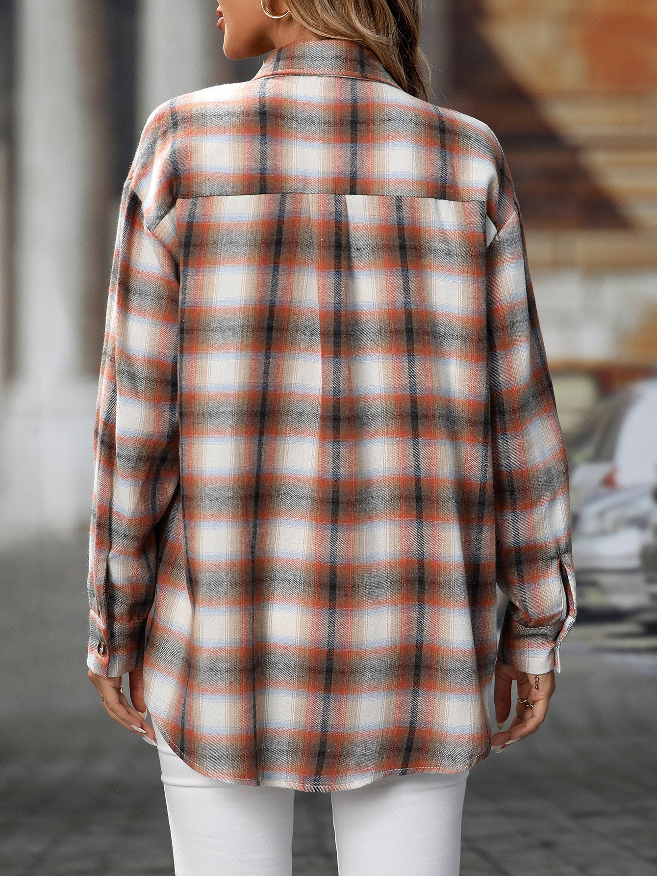 Orange Women’s Plaid Button Down Shirt Long Sleeve Top