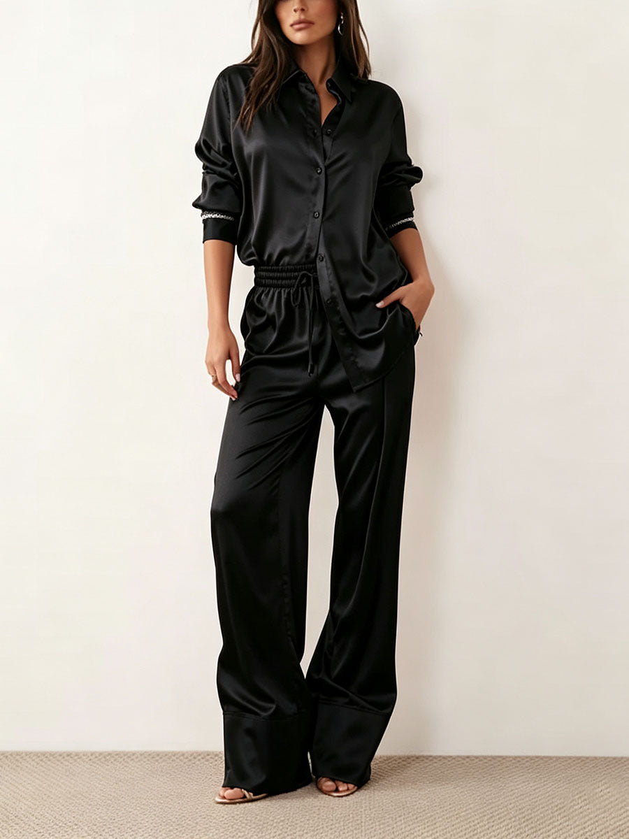 Women's Satin Shirt Wide Leg Pants Two Piece Set