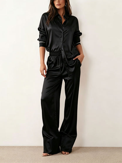 Women's Satin Shirt Wide Leg Pants Two Piece Set