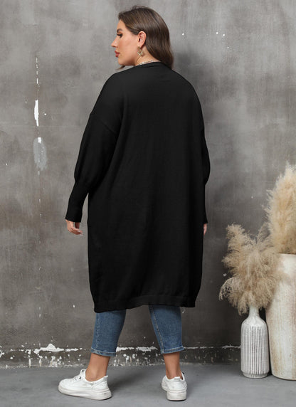 Women's Loose Medium and Long Double Pocket Lantern Sleeve Sweater Cardigan Jacket