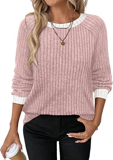 Women's Soft Ribbed Contrast Trim Long Sleeve Crew Neck Top