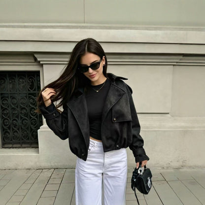 Women's Vintage Cropped Faux Suede Lapel Jacket