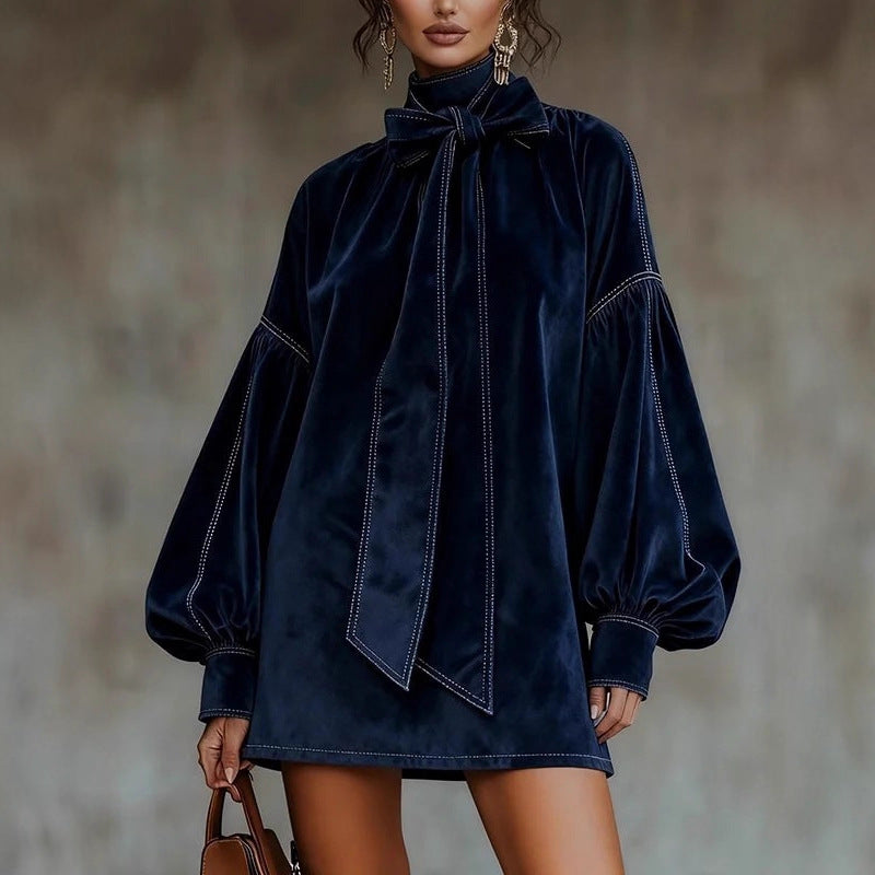 Velvet Tie Neck Balloon Sleeve Mini Dress