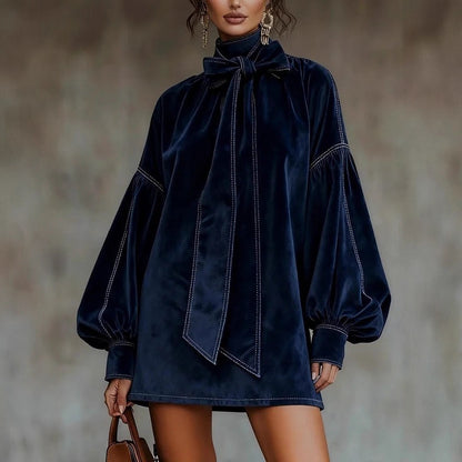 Velvet Tie Neck Balloon Sleeve Mini Dress