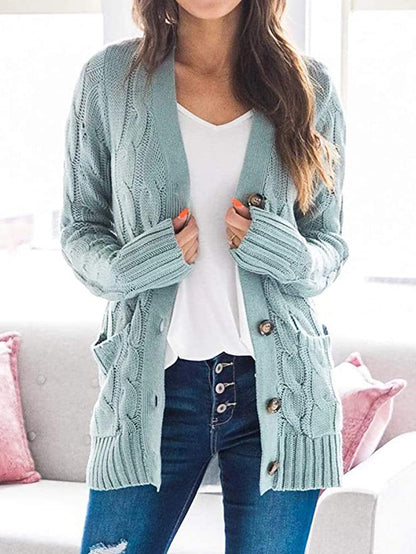 Womens Chunky Cable Knit Button Cardigan Sweater Pockets