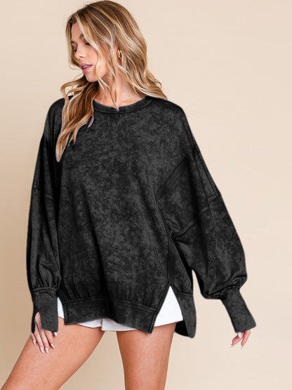 Acid Wash Oversized Sweatshirt Side Slit Drop Shoulder