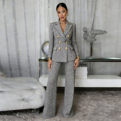 Women Plaid Blazer Pants Set Trendy Two Piece Suit