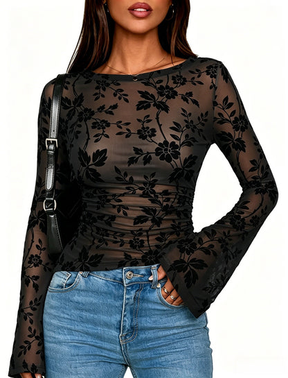 Flocked Floral Long Sleeve Slim Fit Crewneck Top for Women