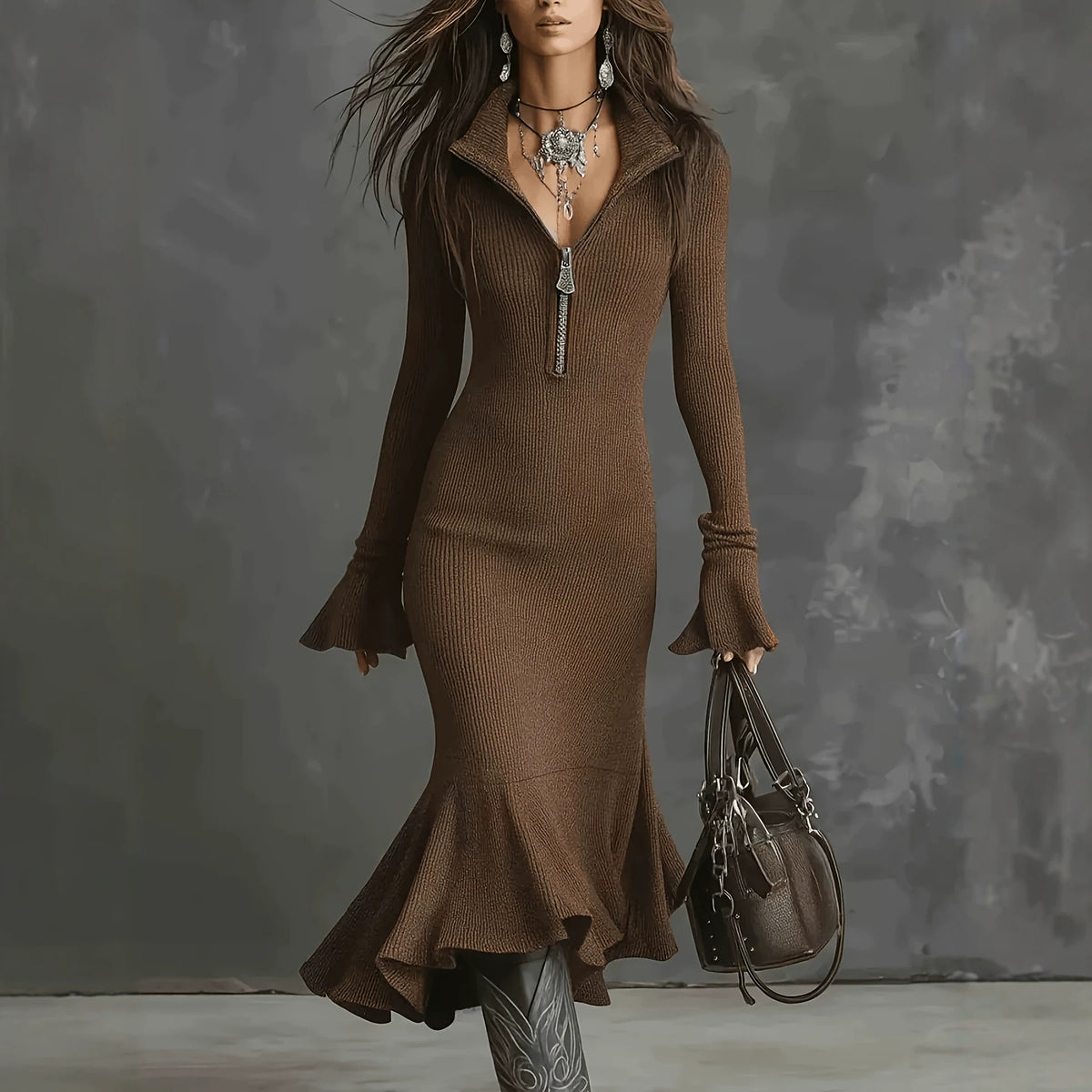 Sexy Zip Front Bell Sleeve Bodycon Mermaid Dress