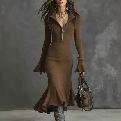 Sexy Zip Front Bell Sleeve Bodycon Mermaid Dress