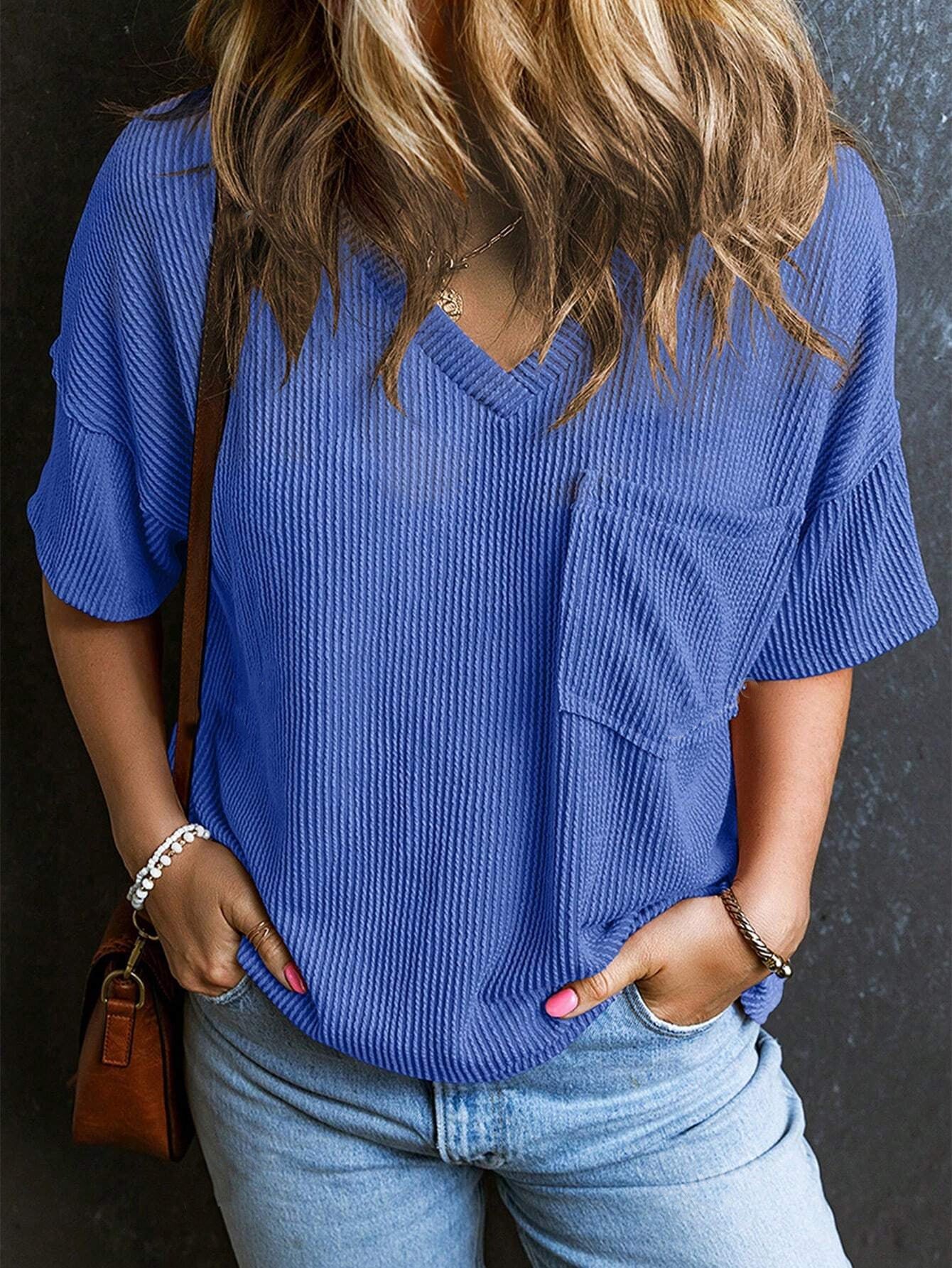 Women’s Ribbed V Neck Short Sleeve Pocket Tee