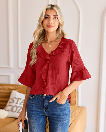 Ruffle V Neck 3/4 Sleeve Textured Blouse Top