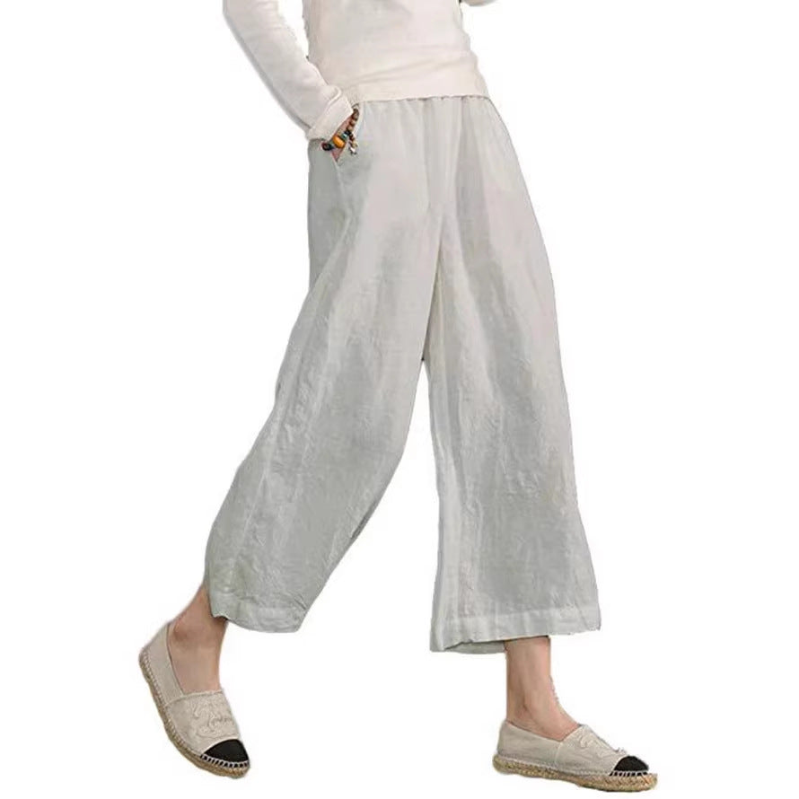 Women's Linen Cotton Wide Leg Cropped Pants Relaxed Fit