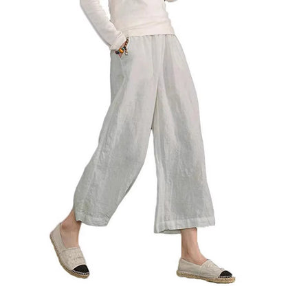 Women's Linen Cotton Wide Leg Cropped Pants Relaxed Fit