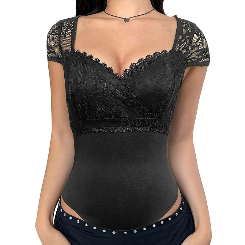 Lace V Neck Bodysuit Sexy Short Sleeve Bodycon Top