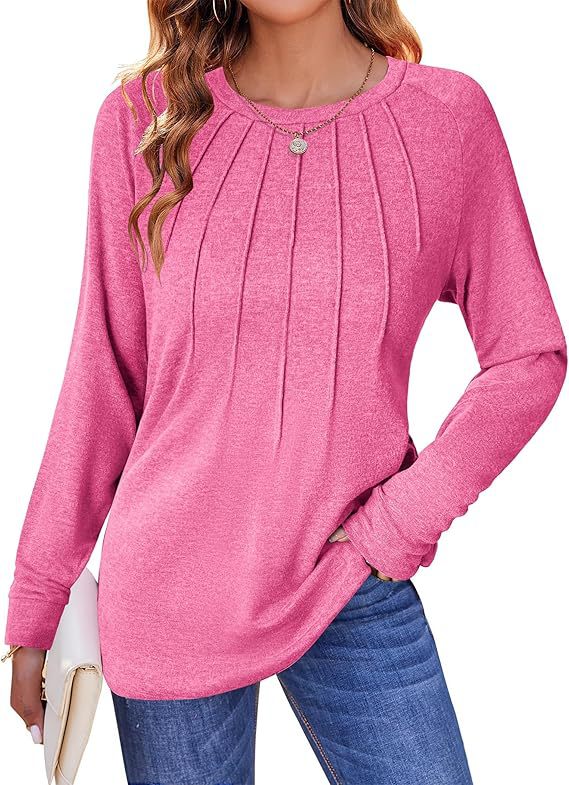 Women's Pleated Crew Neck Long Sleeve Casual Top