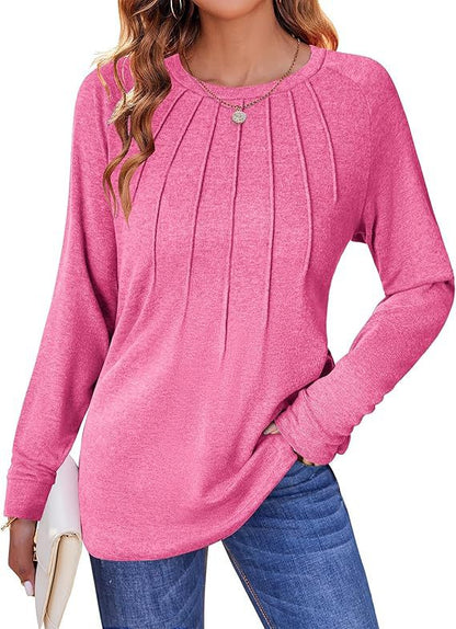 Women's Pleated Crew Neck Long Sleeve Casual Top