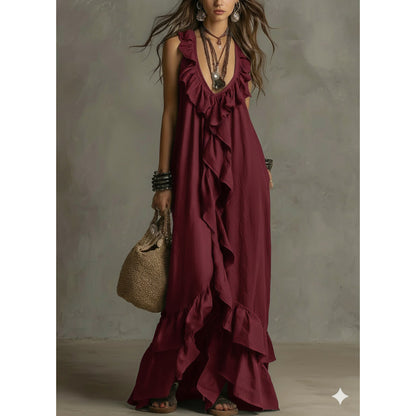 Women's Boho Ruffle V-Neck Sleeveless Maxi Dress