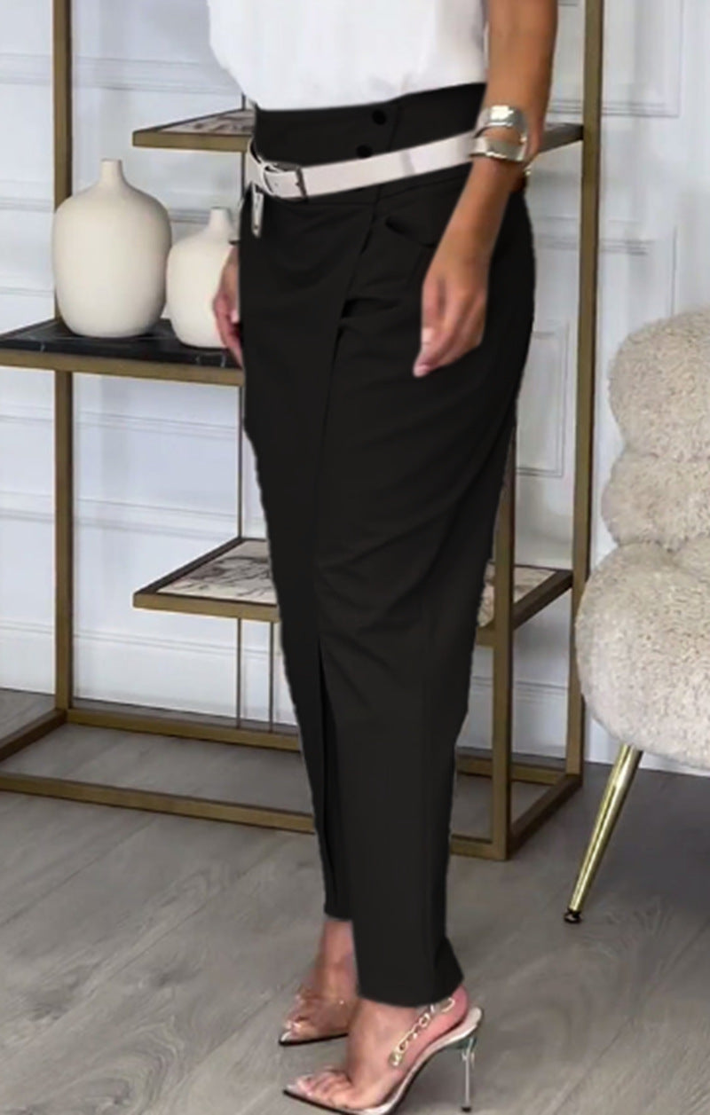 Women's Belted Crossover High Waist Straight Leg Trousers