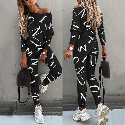 Women Off Shoulder Letter Print Lounge Set Two Piece
