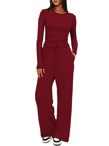 Women's Ruched Long Sleeve Top Wide Leg Pants Lounge Set