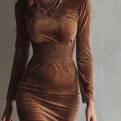 Brown Velvet Midi Dress Smocked Waist Lace Trim