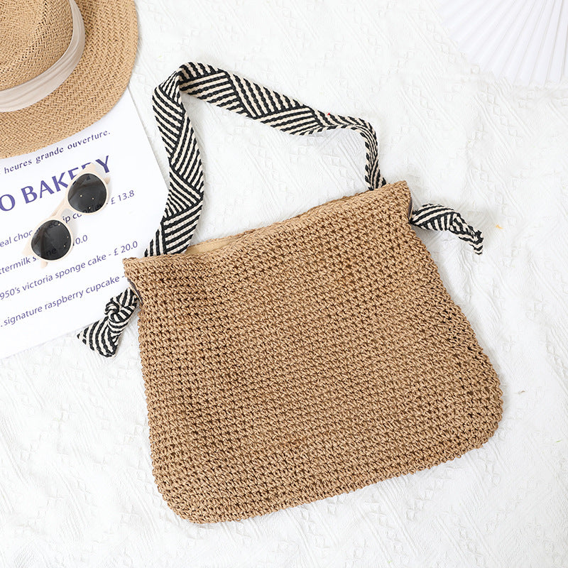 Striped Strap Straw Shoulder Bag Beach Tote for Women