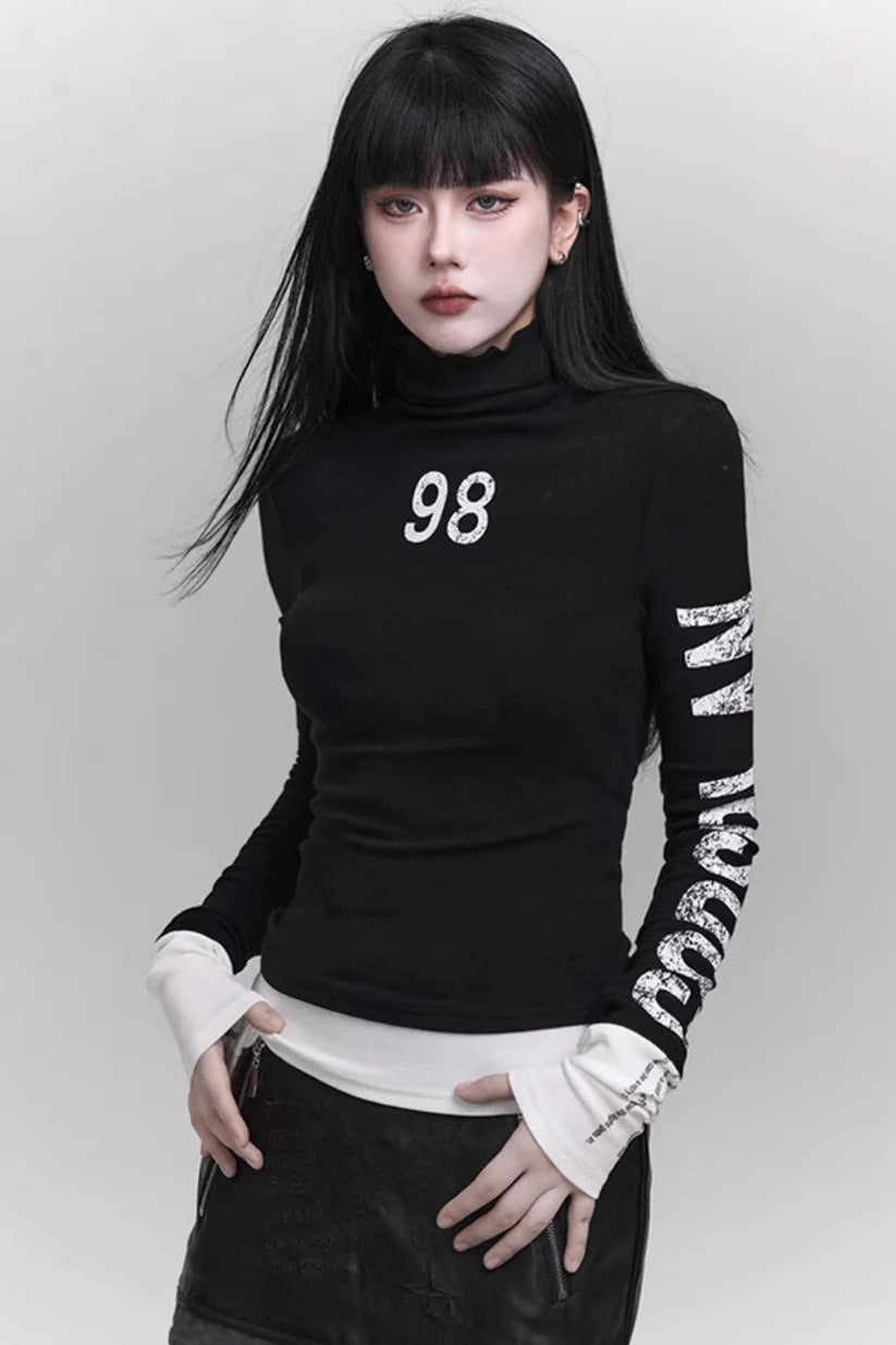 Women's Streetwear Graphic Turtleneck Slim Long Sleeve Top
