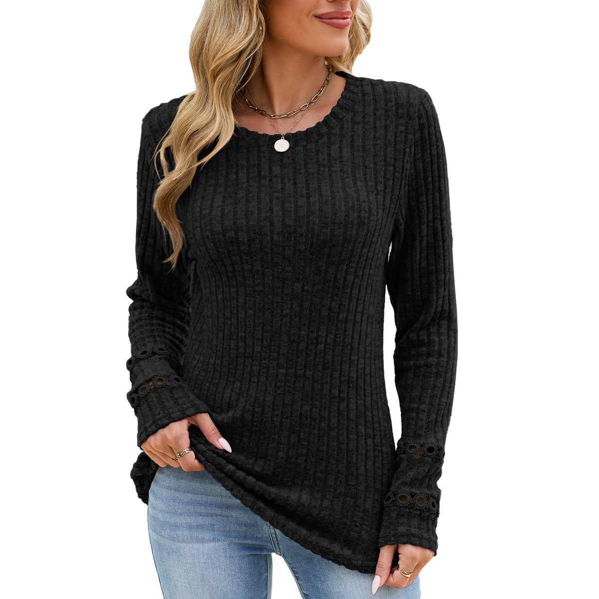 Women's Lace Cuff Waffle Knit Long Sleeve Tunic