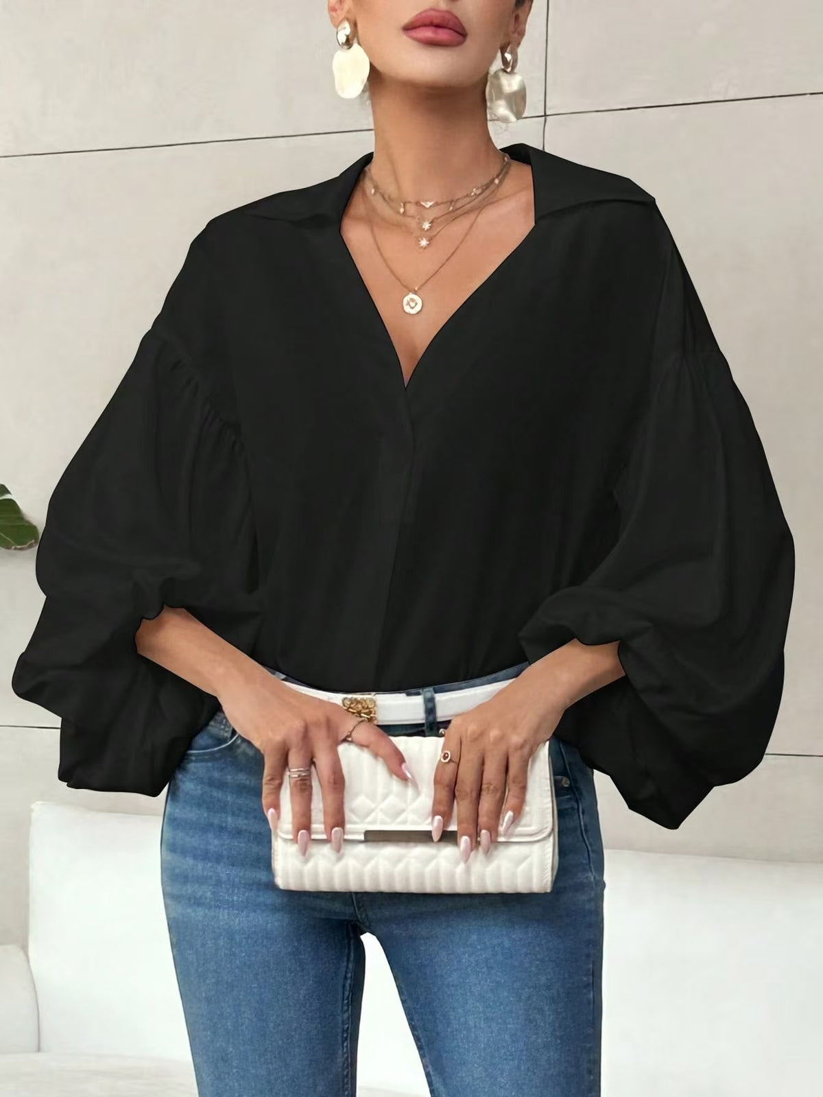 Women's Polka Dot V-Neck Puff Sleeve Loose Blouse
