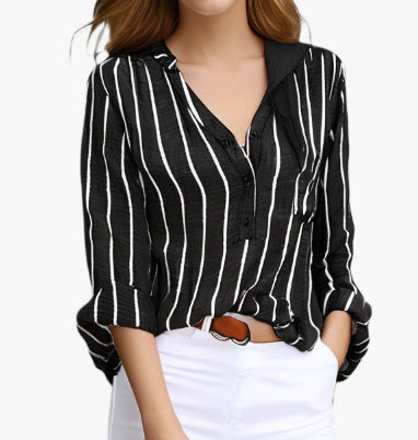 Women's Striped V-Neck Long Sleeve Casual Blouse
