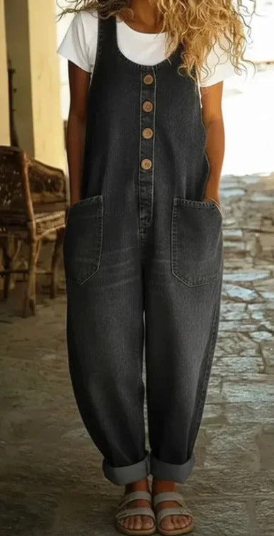 Women's Vintage Wash Denim Overalls Sleeveless Wide Leg