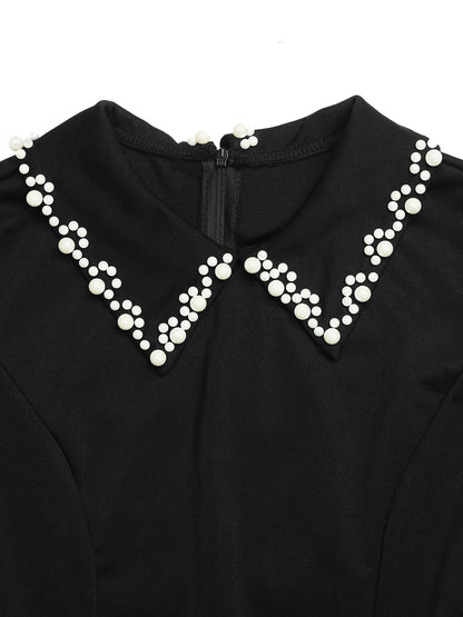 Beaded Collar Black Polo Mini Dress Casual Short Sleeve