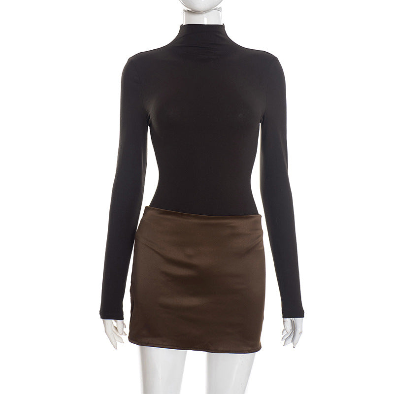Long Sleeve Crew Neck Bodycon Mini Dress Satin Panel