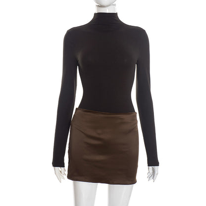 Long Sleeve Crew Neck Bodycon Mini Dress Satin Panel