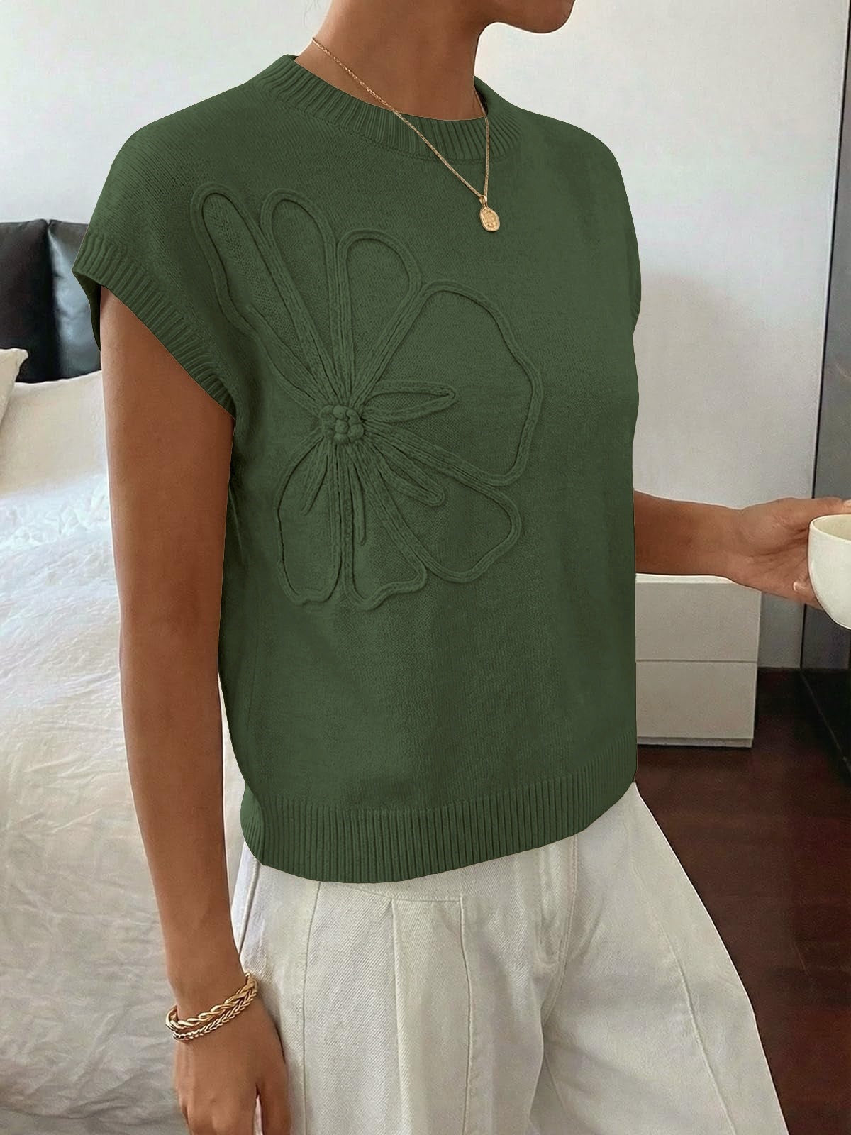 Floral Knit Sweater Short Sleeve Textured Summer Top