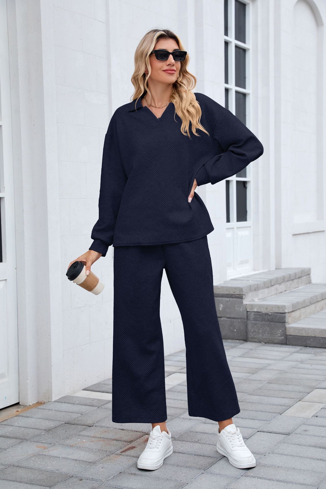 Women's Lounge Set Long Sleeve Collar Top Wide Leg Pants