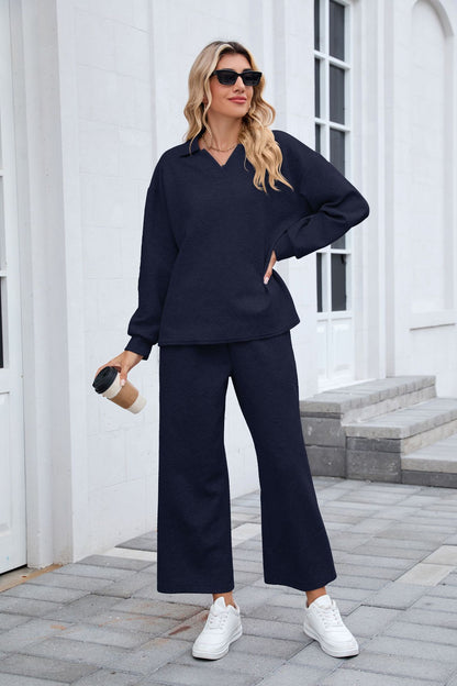 Women's Lounge Set Long Sleeve Collar Top Wide Leg Pants