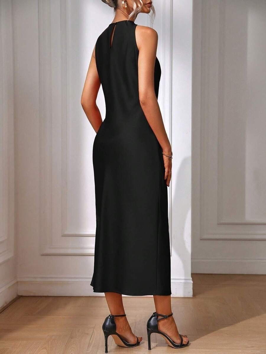 Sleeveless Satin Maxi Dress Side Slit Bodycon Cocktail
