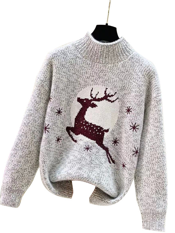 Women's Chenille Reindeer Christmas Mock Neck Sweater