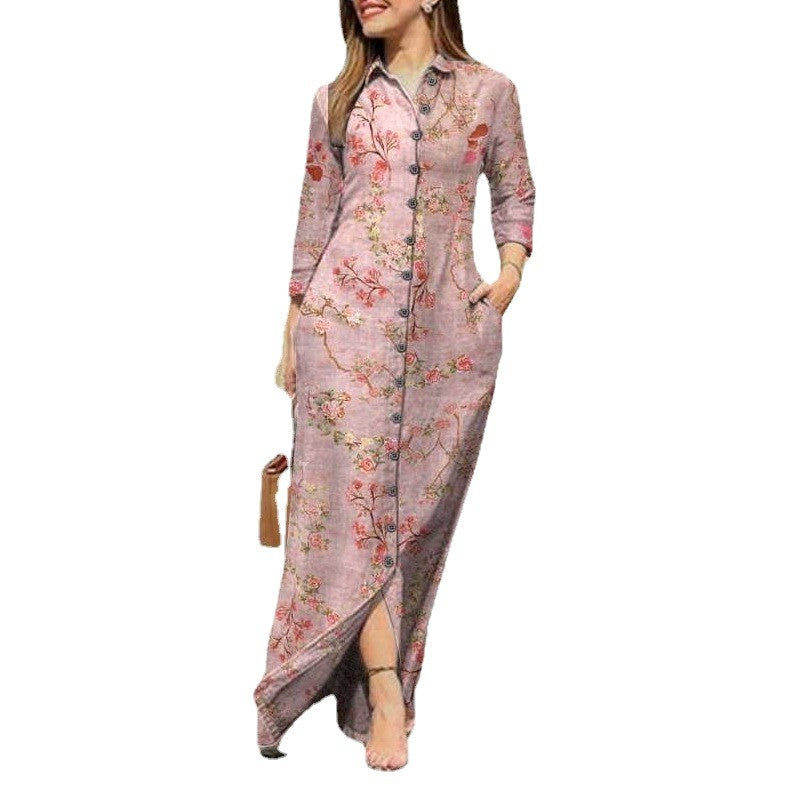 Women's Leopard Maxi Shirt Dress Long Sleeve Plus Size