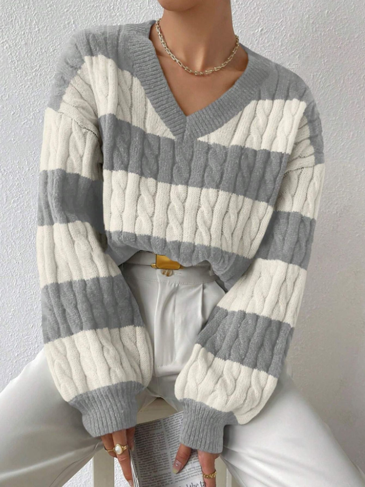 Oversized V-Neck Cable Knit Striped Pullover Sweater