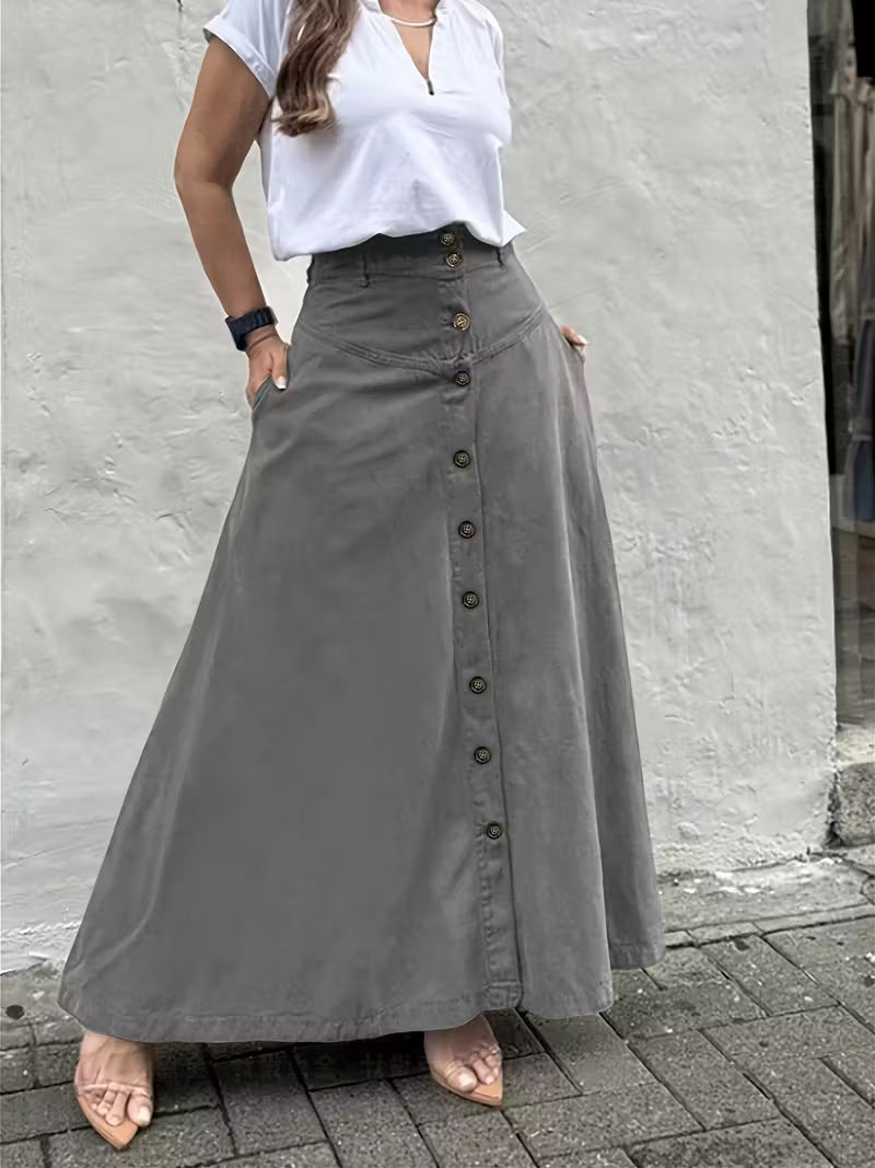 Women's High Waist Button Front Maxi Skirt A-Line Pockets