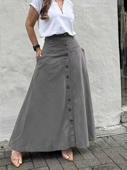 Women's High Waist Button Front Maxi Skirt A-Line Pockets