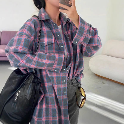 Women's Oversized Plaid Button Up Shirt Long Sleeve Pocket