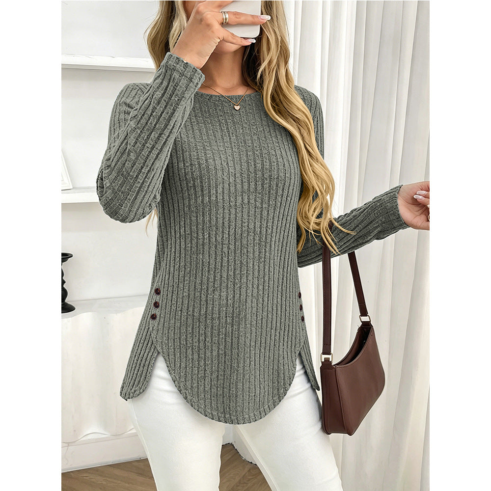 Ribbed Brushed Knit Button Side Long Sleeve Top