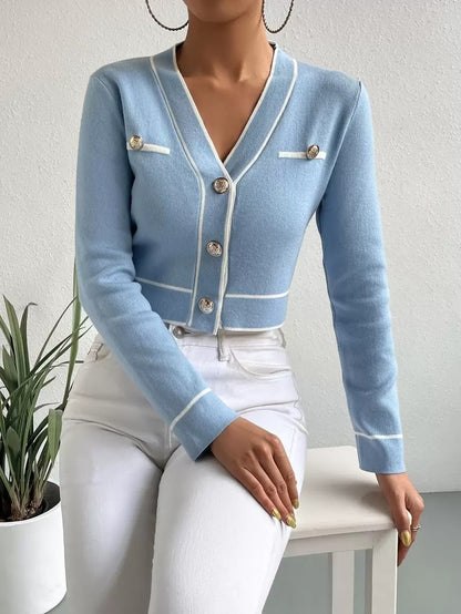 Women's Cropped V-Neck Cardigan Contrast Trim Button Sweater
