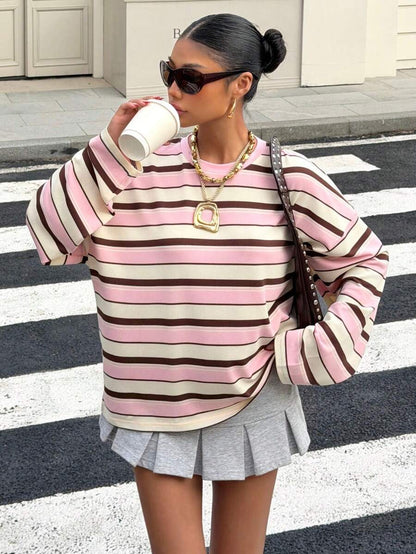 Oversized Colorblock Striped Crewneck Sweatshirt for Women