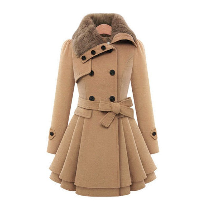 Women's Double Breasted Wool Coat Faux Fur Collar Swing