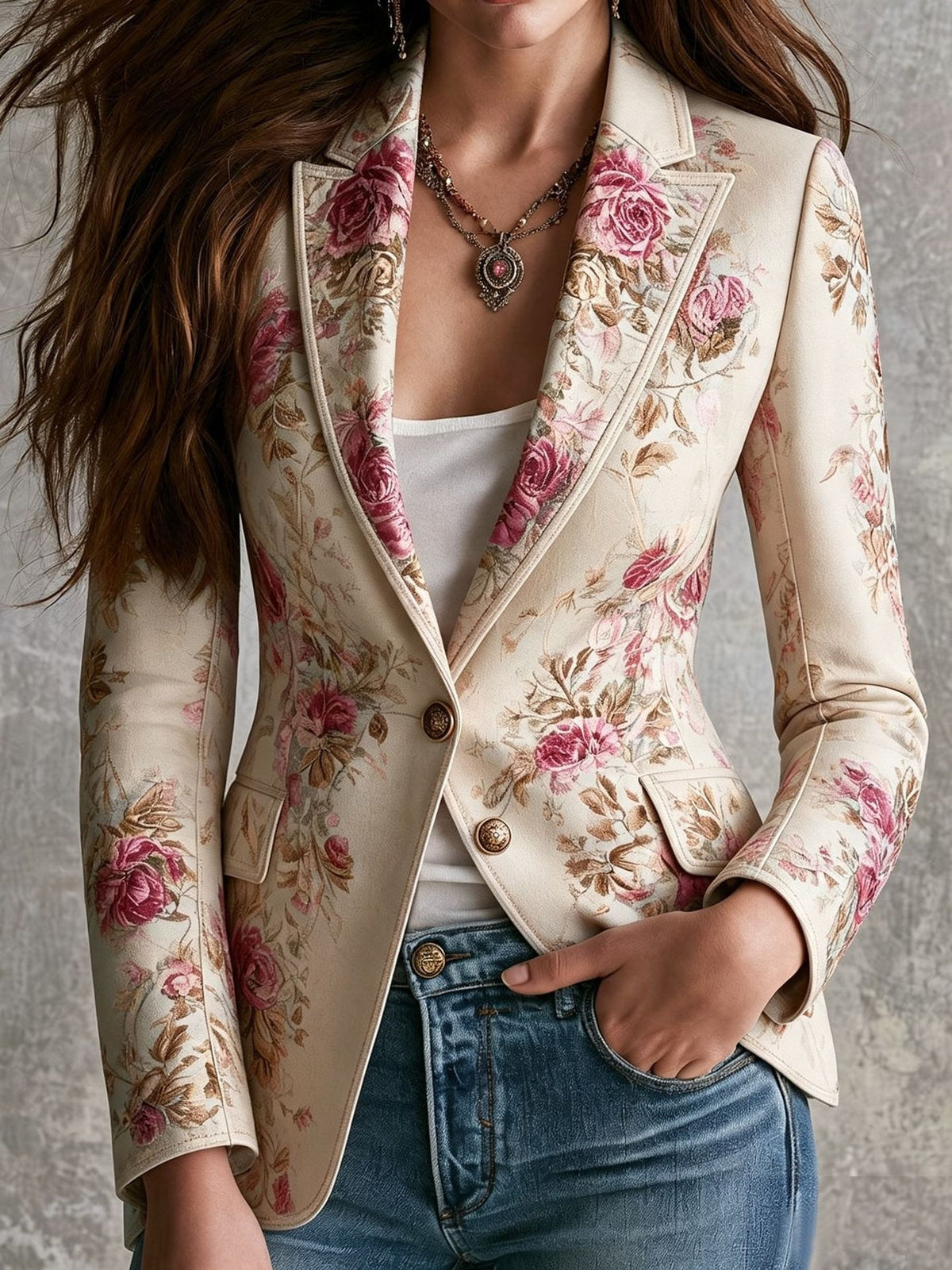 Women's Vintage Floral Faux Suede Blazer